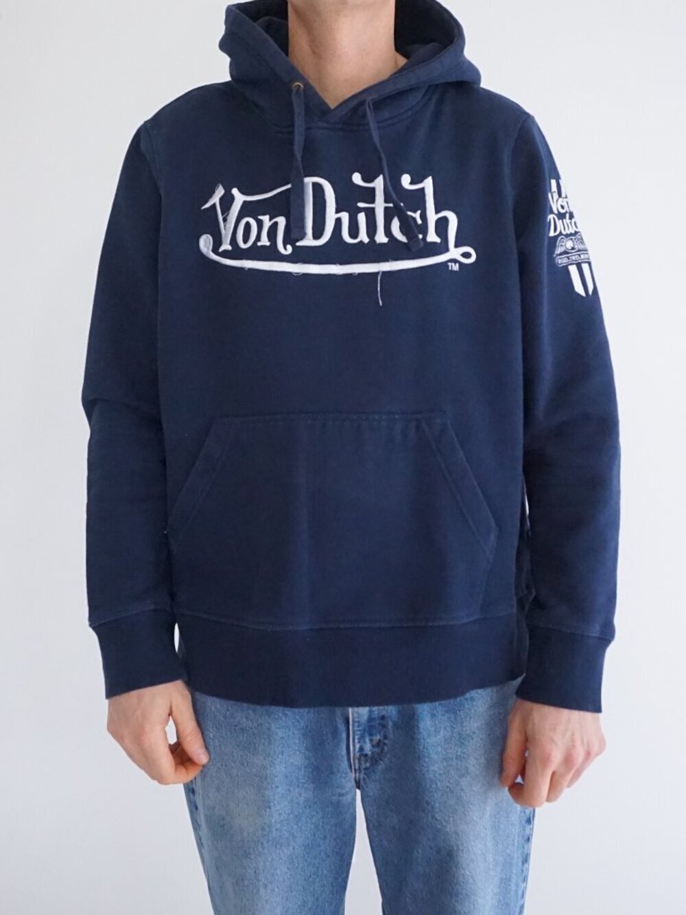 Vintage Von Dutch Navy White Spellout Logo Streetwear Y2K Pullover Hoodie Large